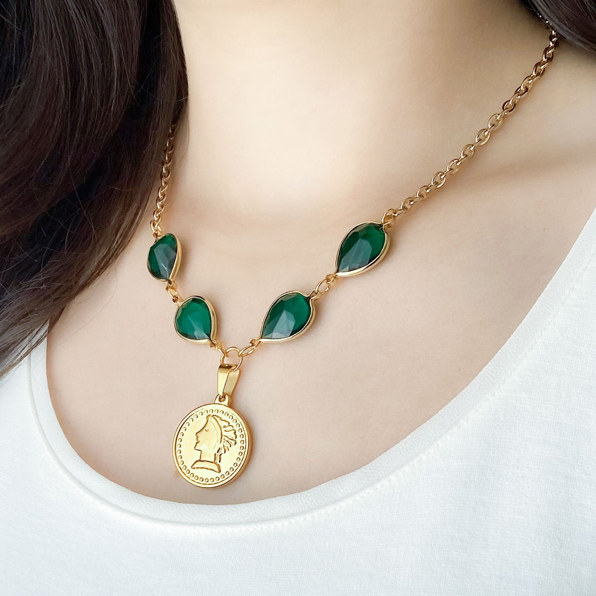 QUINN green crystal gold coin necklace-GREEN BIJOU