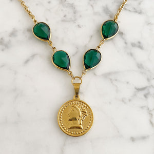 QUINN green crystal gold coin necklace - 
