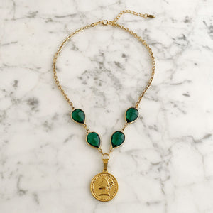 QUINN green crystal gold coin necklace-GREEN BIJOU