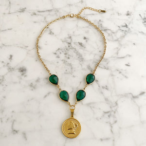 QUINN green crystal gold coin necklace - 