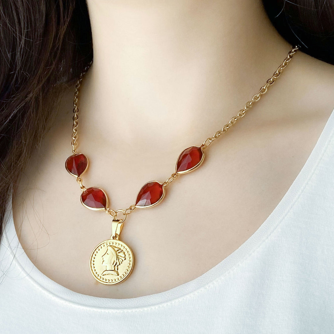 QUINN red crystal gold coin necklace-GREEN BIJOU