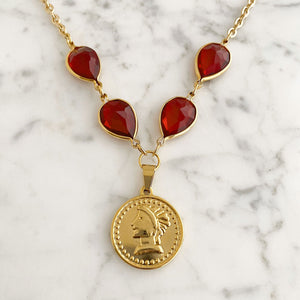 QUINN red crystal gold coin necklace - 