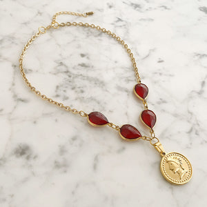 QUINN red crystal gold coin necklace - 