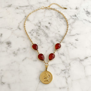 QUINN red crystal gold coin necklace - 