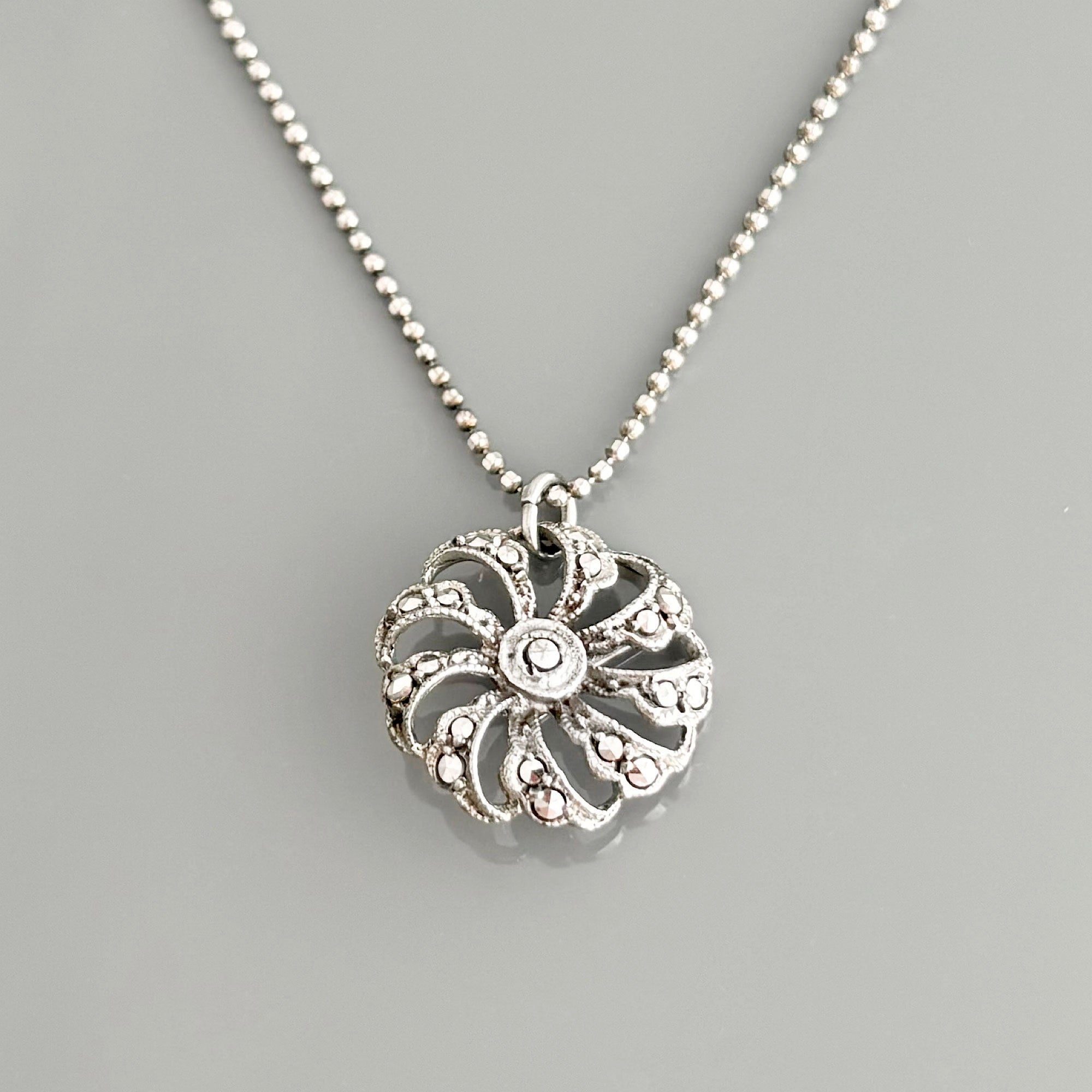 RAVEN vintage marcasite pendant sterling ball chain necklace - 