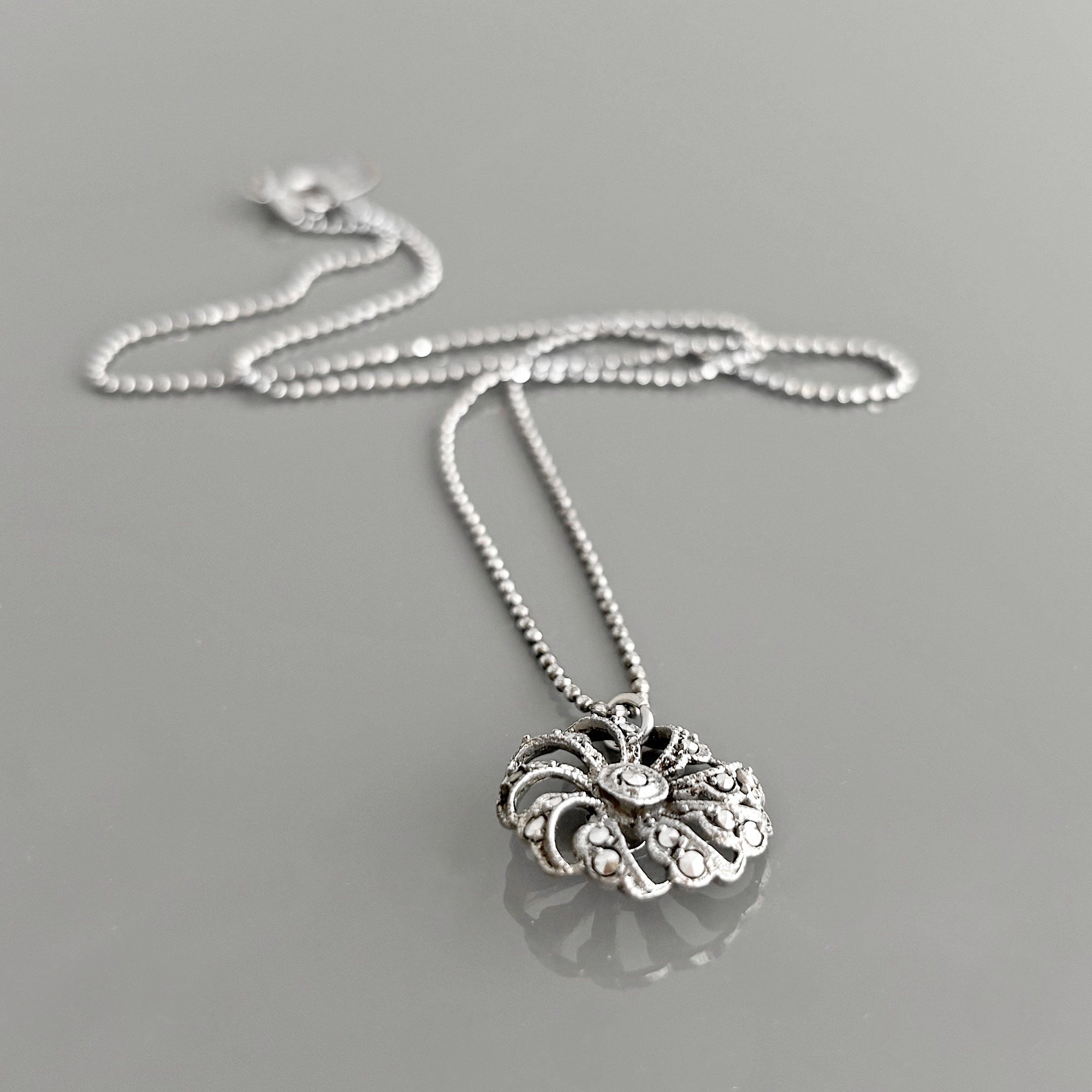 RAVEN vintage marcasite pendant sterling ball chain necklace-GREEN BIJOU