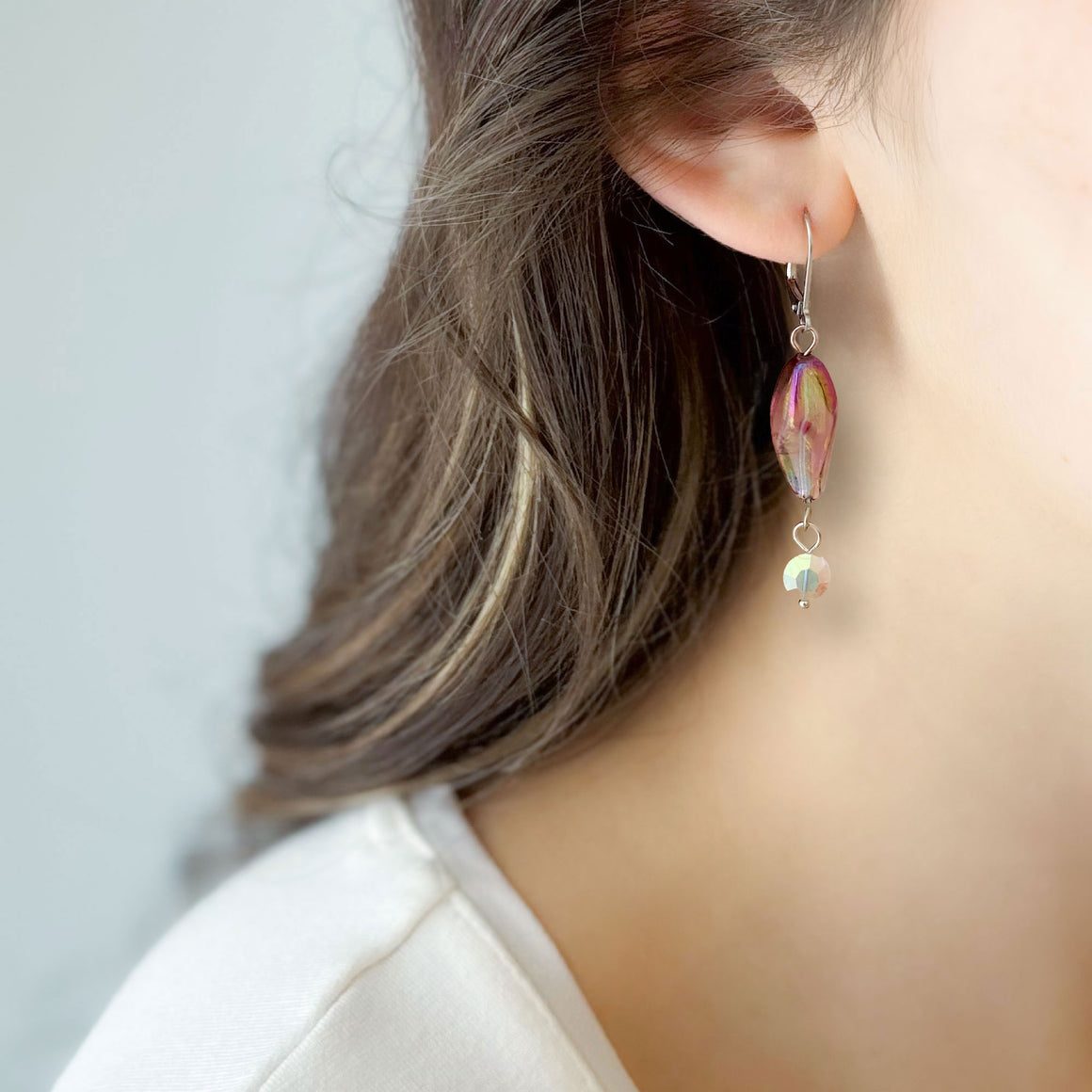 RAYBURN vintage iridescent purple glass bead and ab earrings-GREEN BIJOU