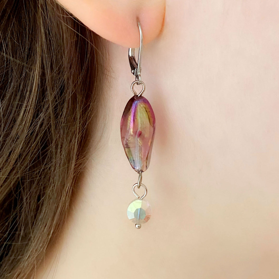 RAYBURN vintage iridescent purple glass bead and ab earrings-GREEN BIJOU