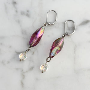 RAYBURN vintage iridescent purple glass bead and ab earrings-GREEN BIJOU