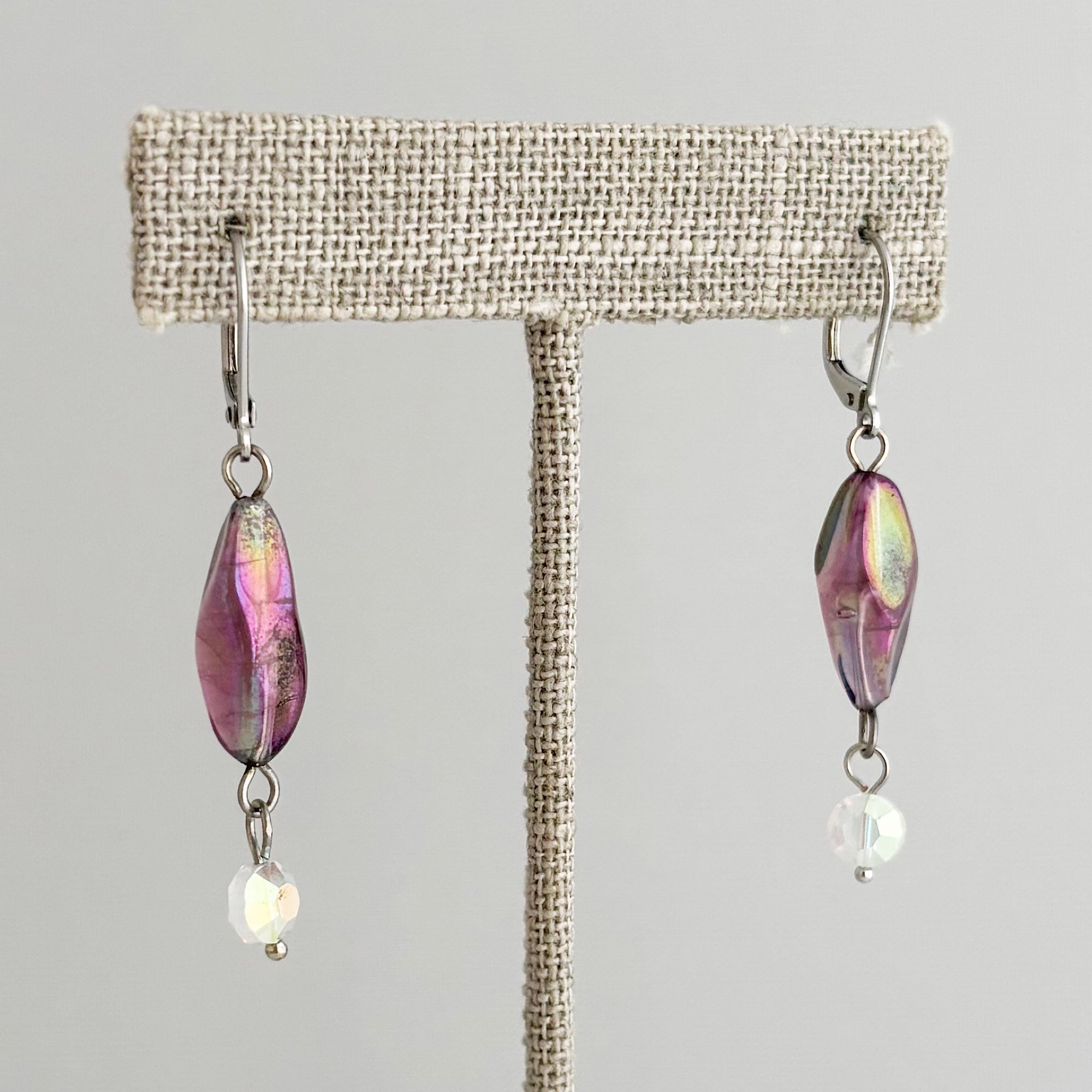 RAYBURN vintage iridescent purple glass bead and ab earrings-GREEN BIJOU