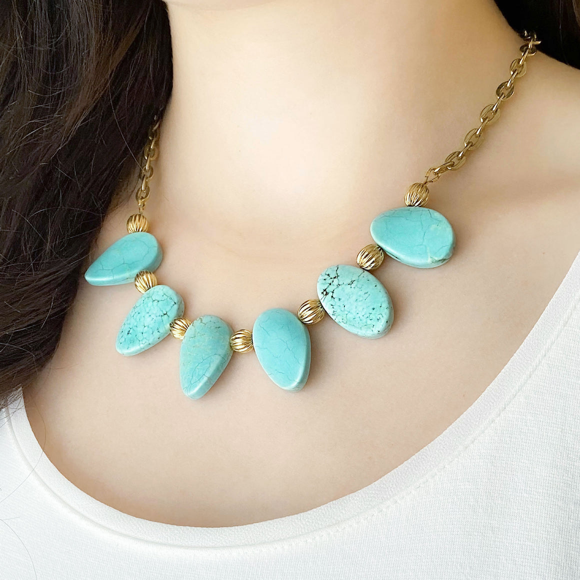 REILLY vintage Monet gold bead and oval turquoise necklace-GREEN BIJOU
