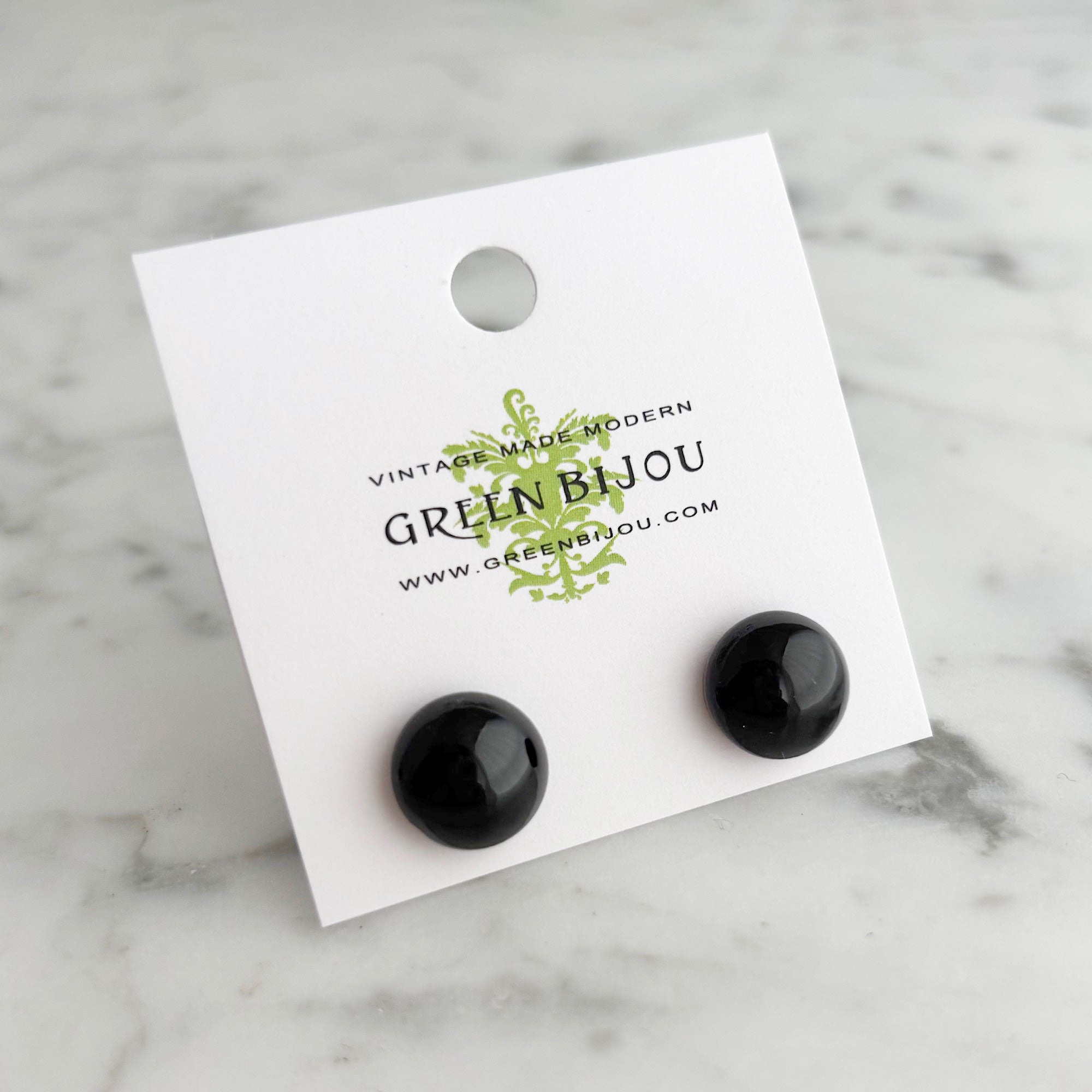 RONA black onyx smooth glass dome stud earrings-GREEN BIJOU
