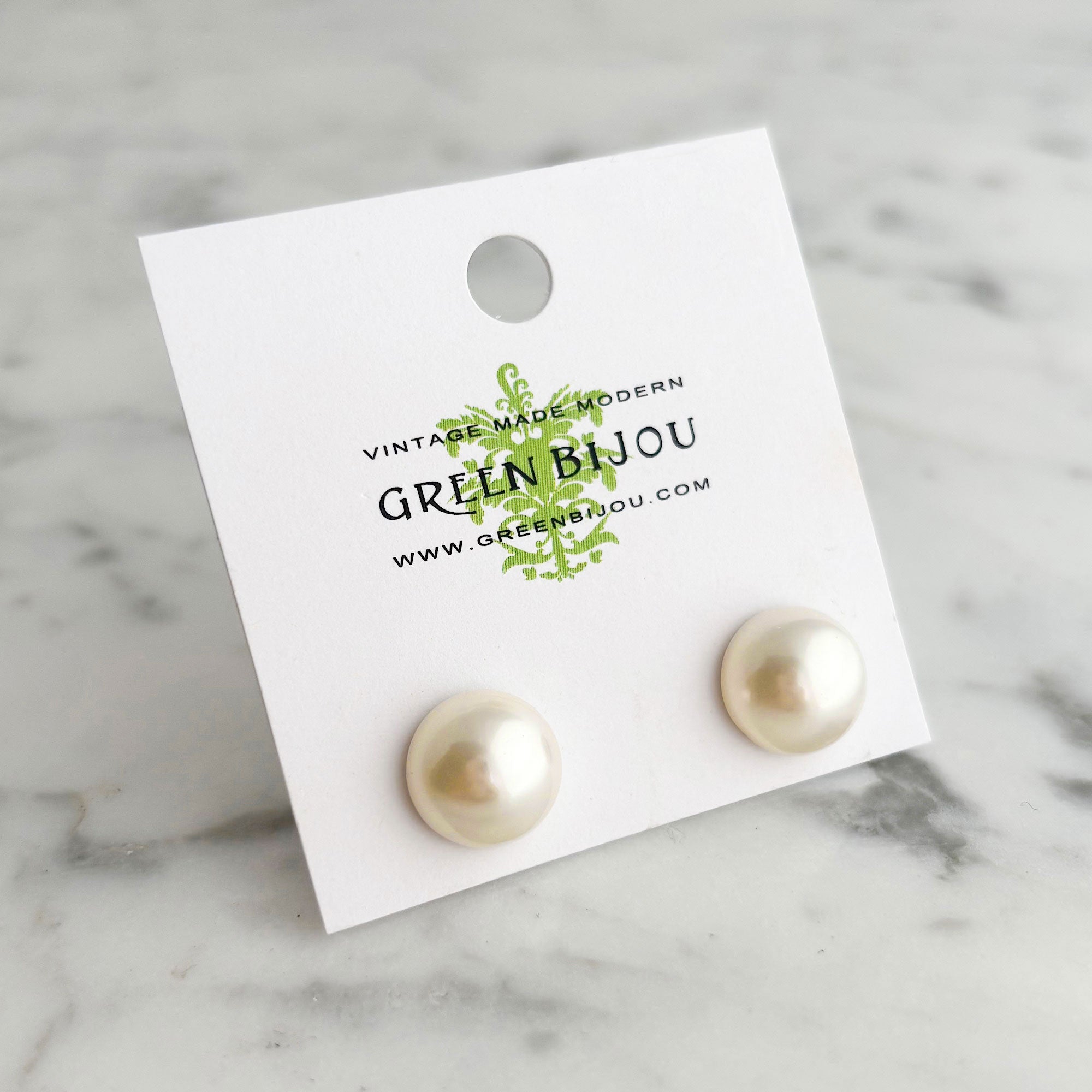 RONA cream pearl smooth dome stud earrings-GREEN BIJOU