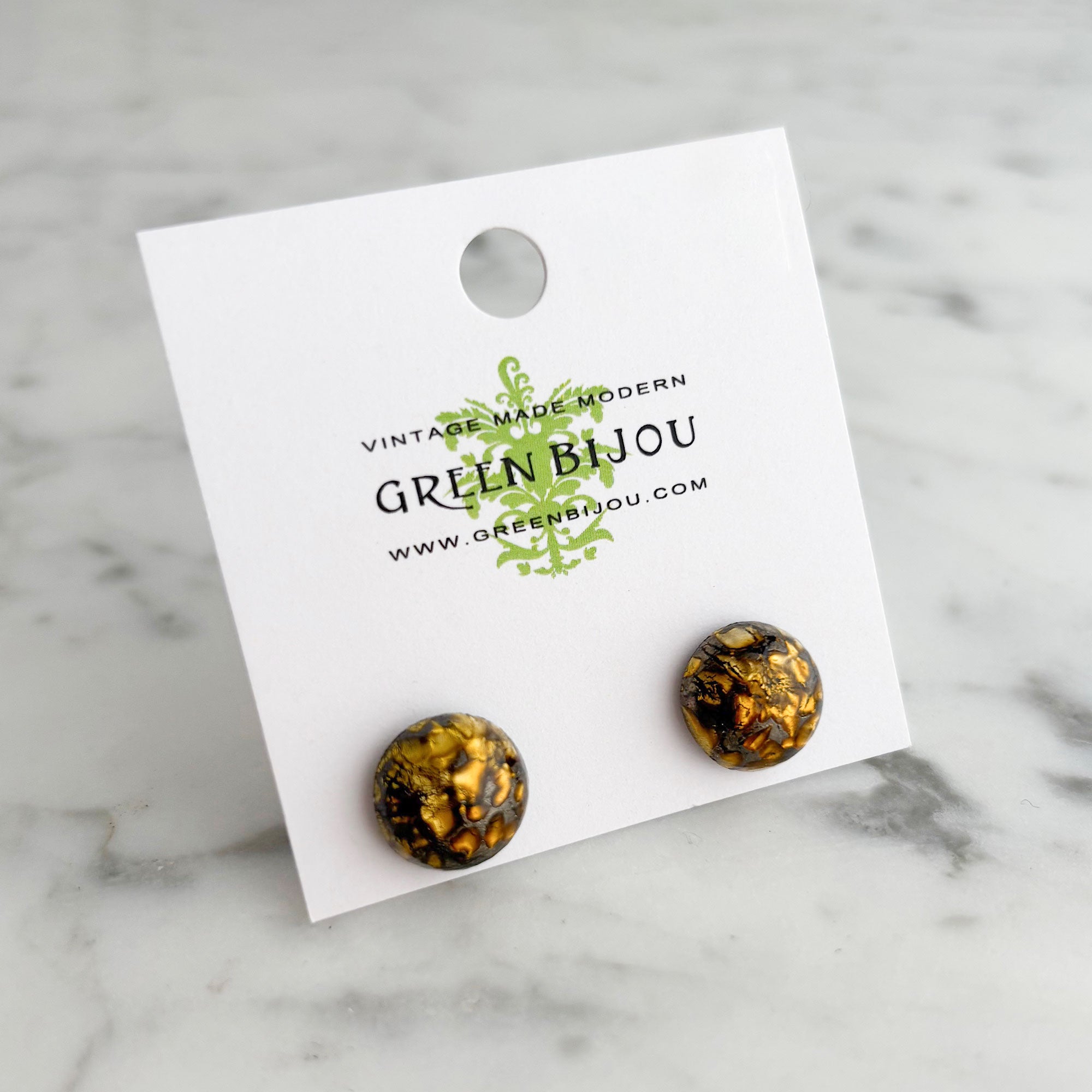 RONA dragons vein agate smooth dome stud earrings-GREEN BIJOU