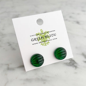 RONA ridged emerald green glass dome stud earrings-GREEN BIJOU