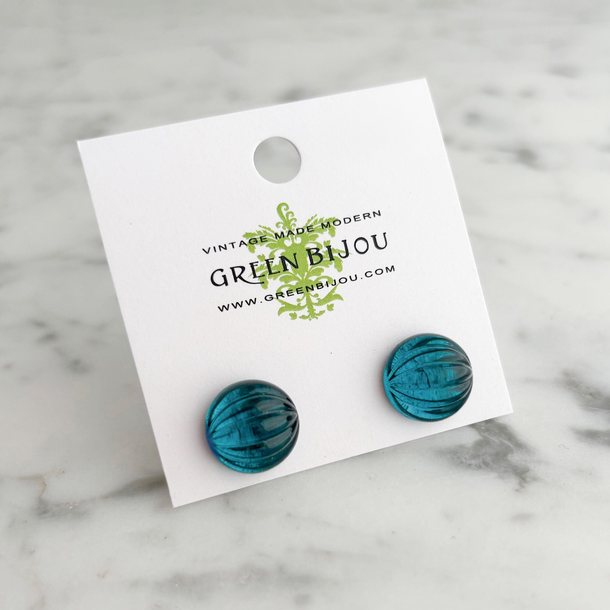 RONA ridged indicolite teal glass dome stud earrings-GREEN BIJOU