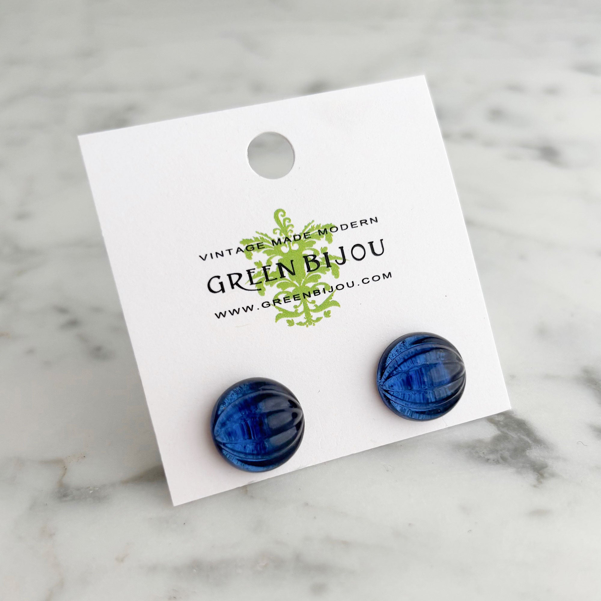 RONA ridged sapphire glass dome stud earrings-GREEN BIJOU