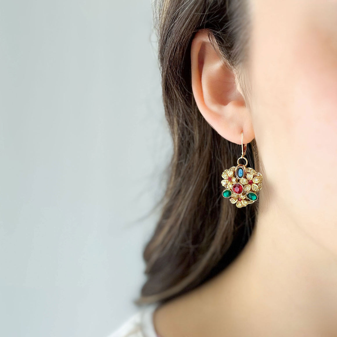 ROSALIE vintage gold tone colourful rhinestone flower earrings-GREEN BIJOU