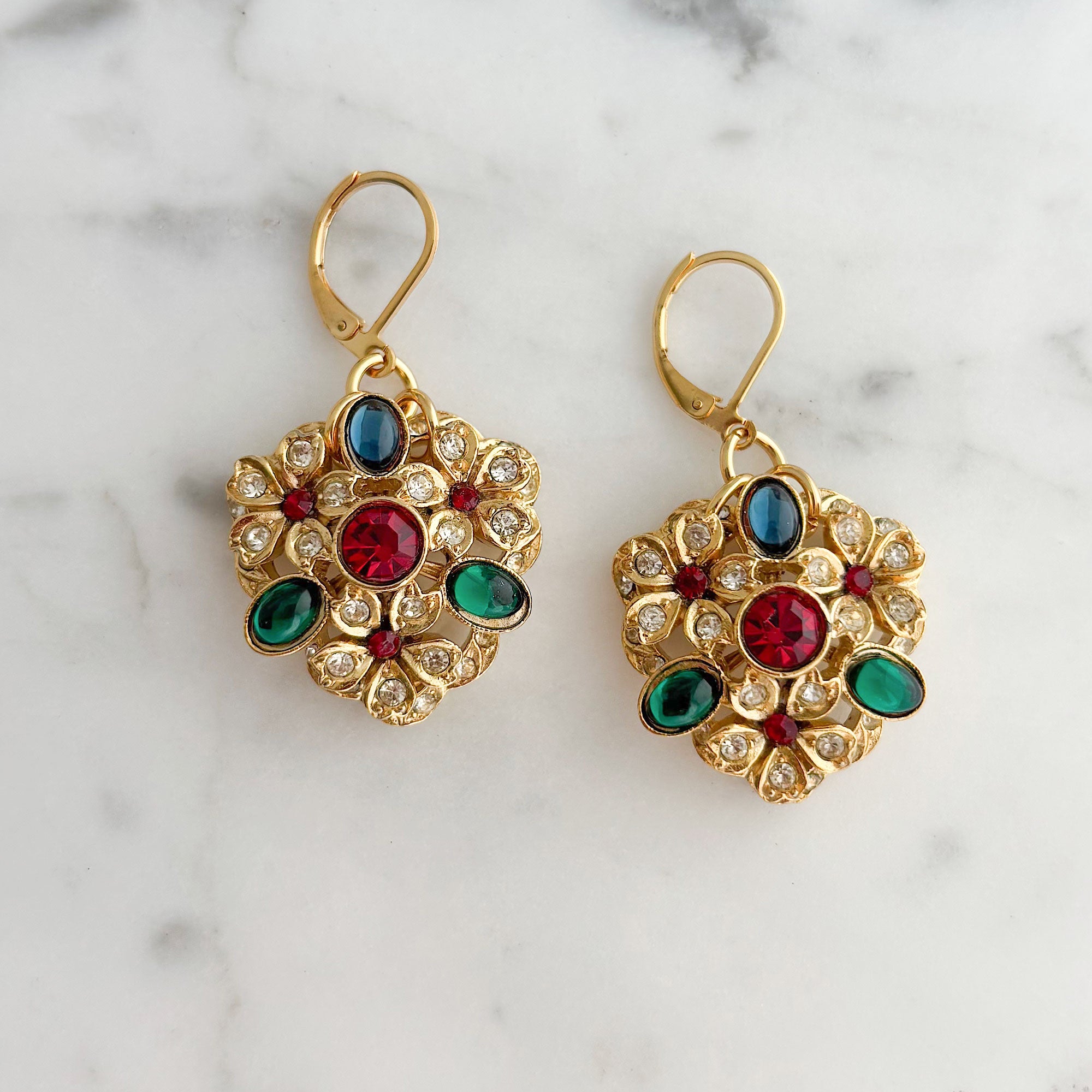 ROSALIE vintage gold tone colourful rhinestone flower earrings-GREEN BIJOU