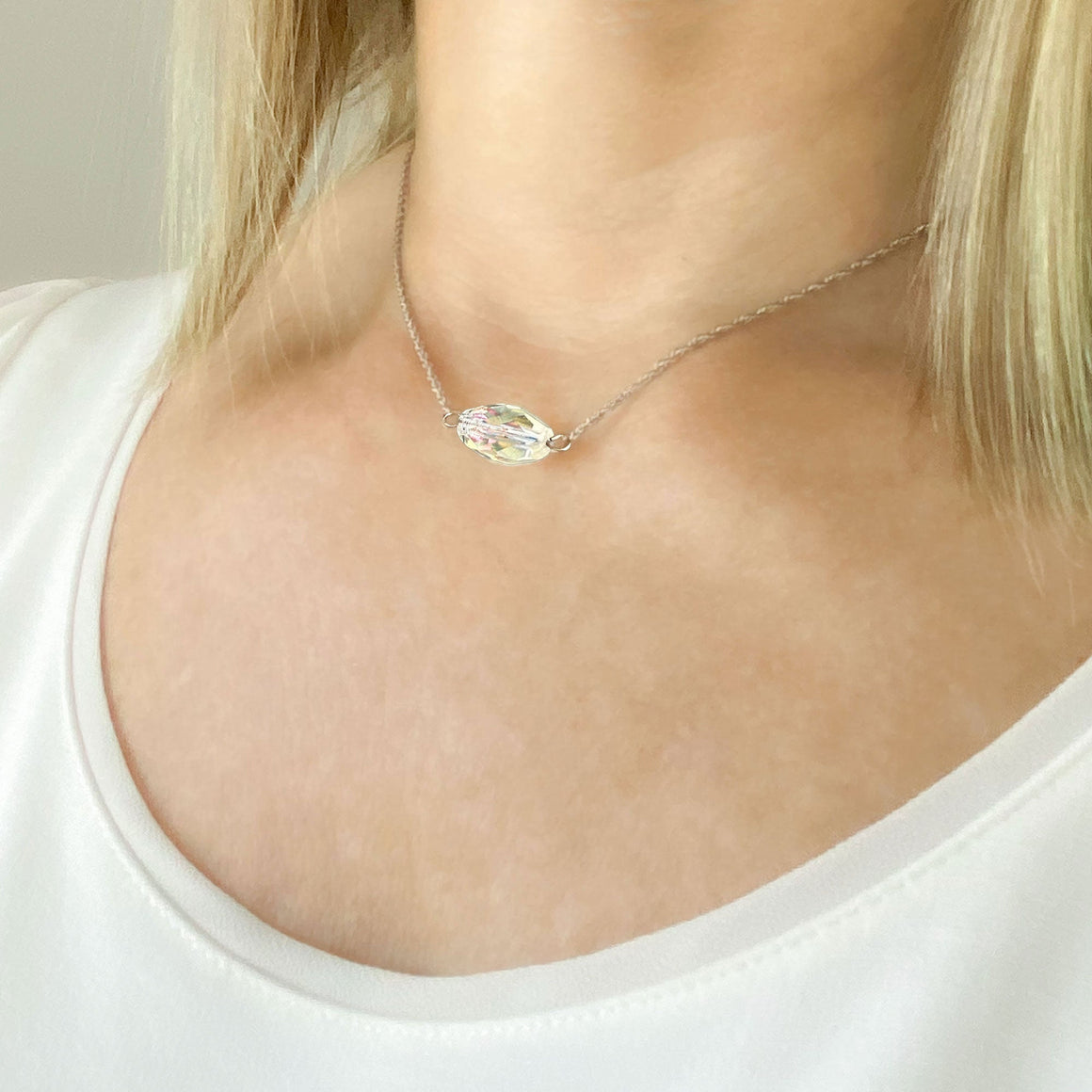 ROSANA vintage French barrel crystal rhodium chain necklace-GREEN BIJOU
