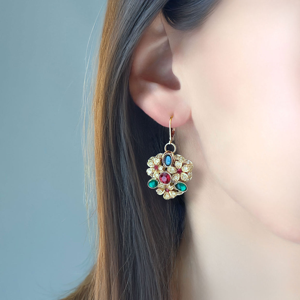 ROSIE vintage gold tone colourful rhinestone flower earrings-GREEN BIJOU