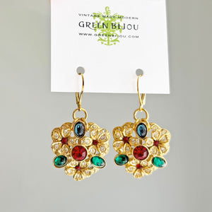 ROSIE vintage gold tone colourful rhinestone flower earrings - 