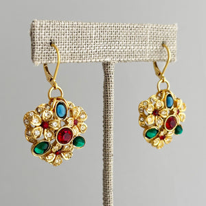 ROSIE vintage gold tone colourful rhinestone flower earrings - 