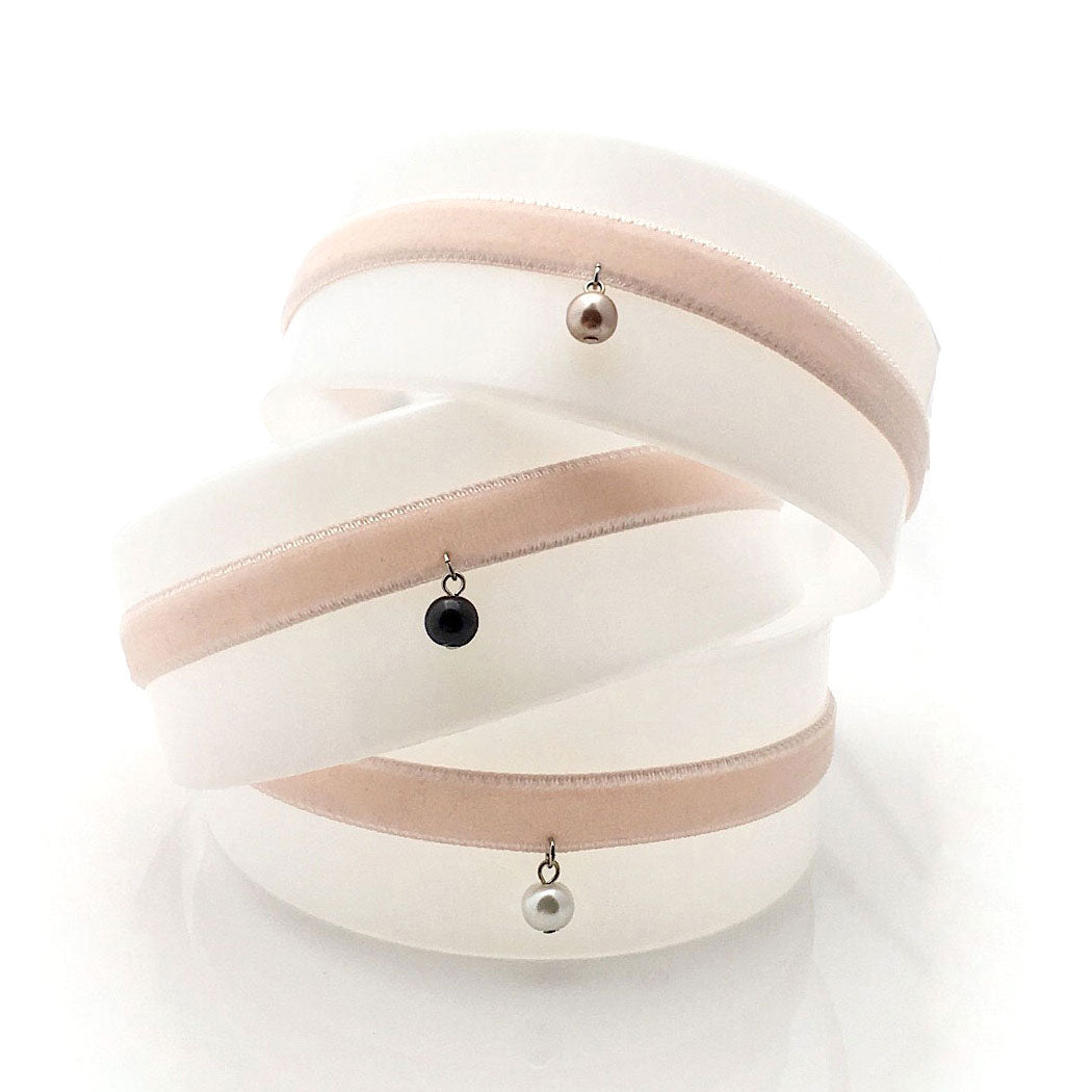 ROXINE blush pink velvet and pearl choker necklace-GREEN BIJOU