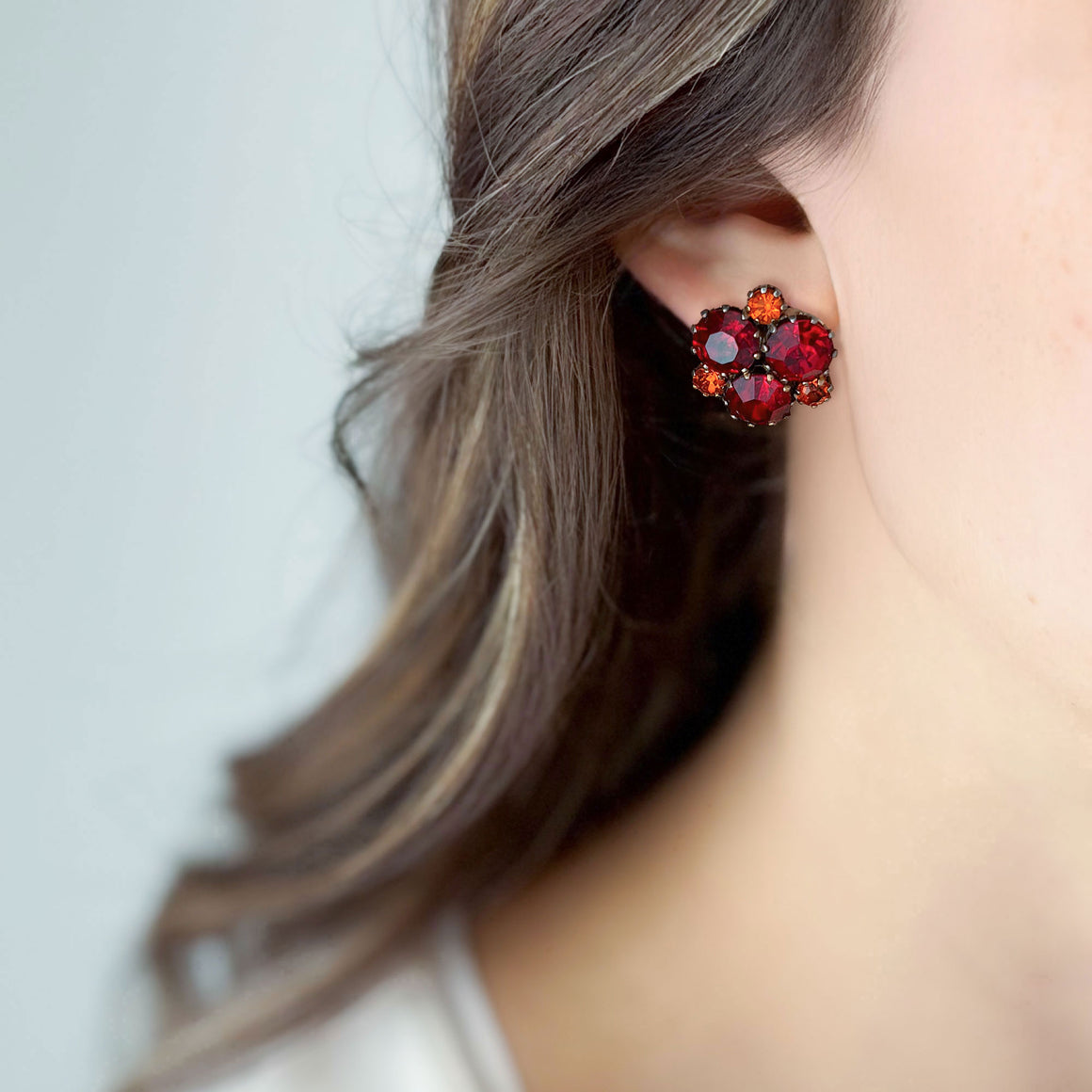 RUSLANA vintage Austrian orange red rhinestone stud earrings-GREEN BIJOU