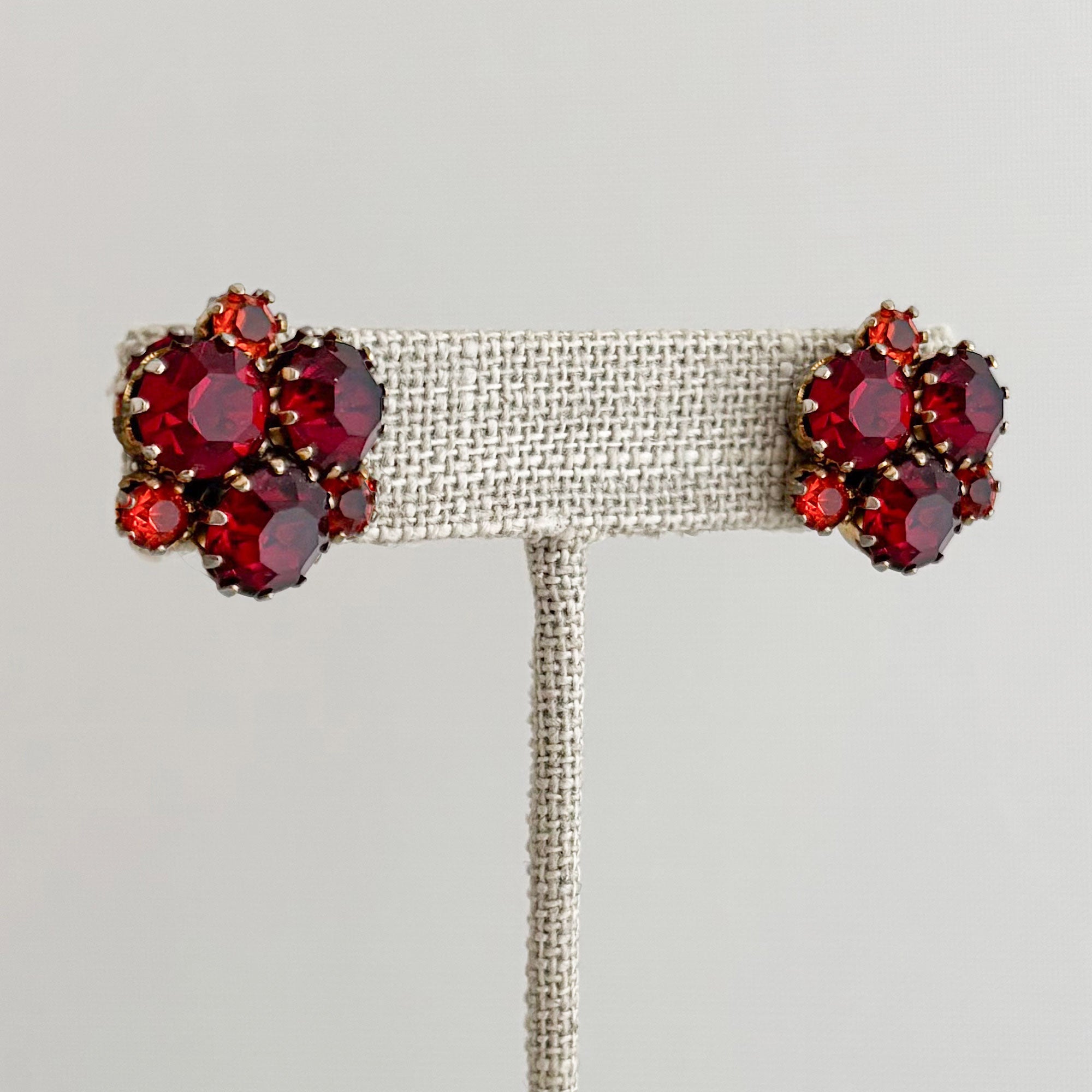 RUSLANA vintage Austrian orange red rhinestone stud earrings-GREEN BIJOU