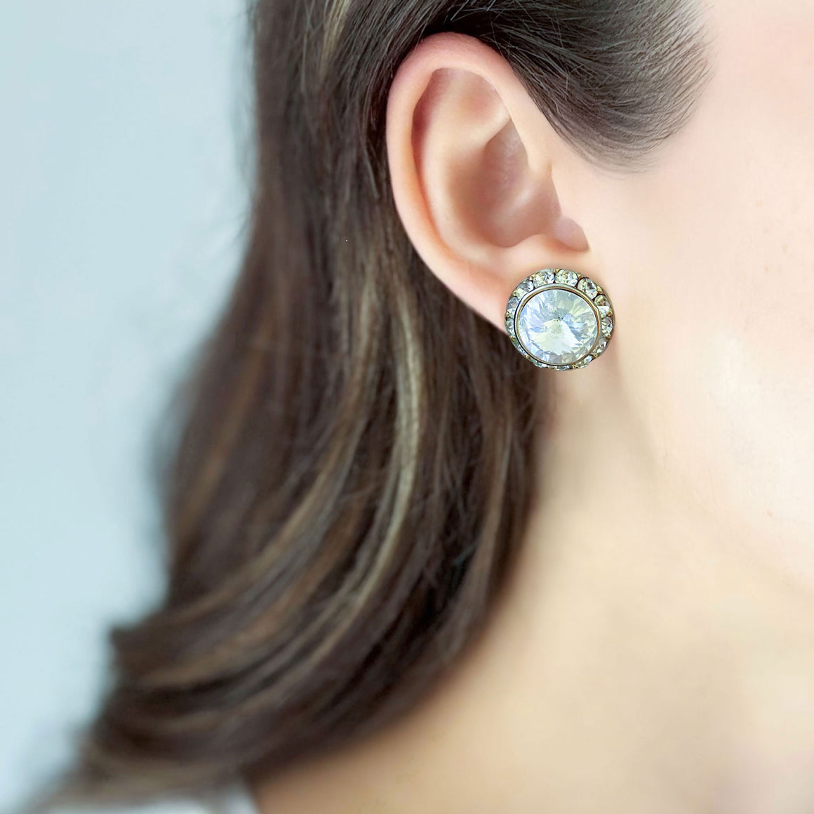 BRYN vintage gold and clear rivoli crystal stud earrings-GREEN BIJOU