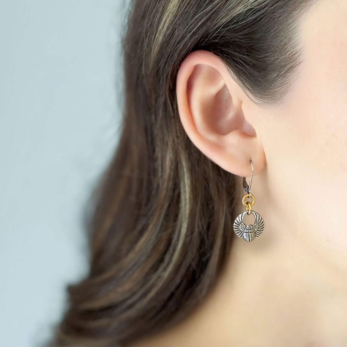 SCARAB silver beetle earrings-GREEN BIJOU