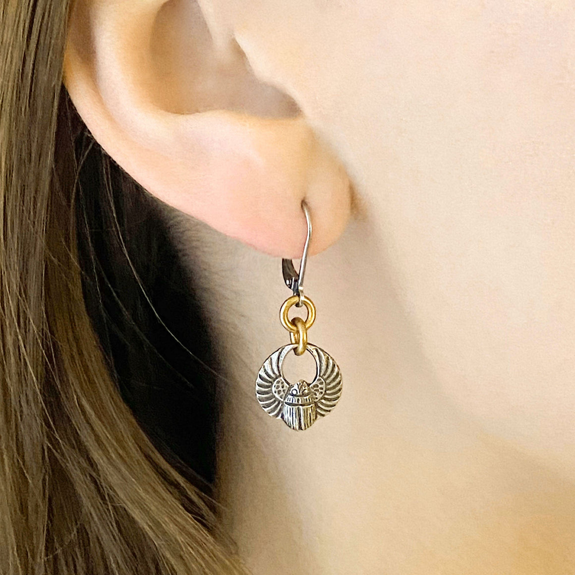 SCARAB silver beetle earrings-GREEN BIJOU