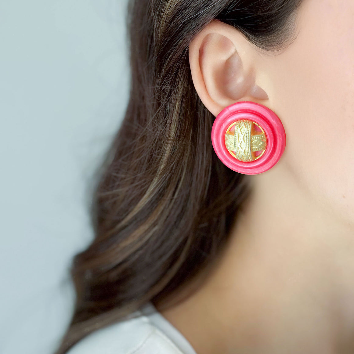 SHARON bright pink Italian statement clip earrings-GREEN BIJOU