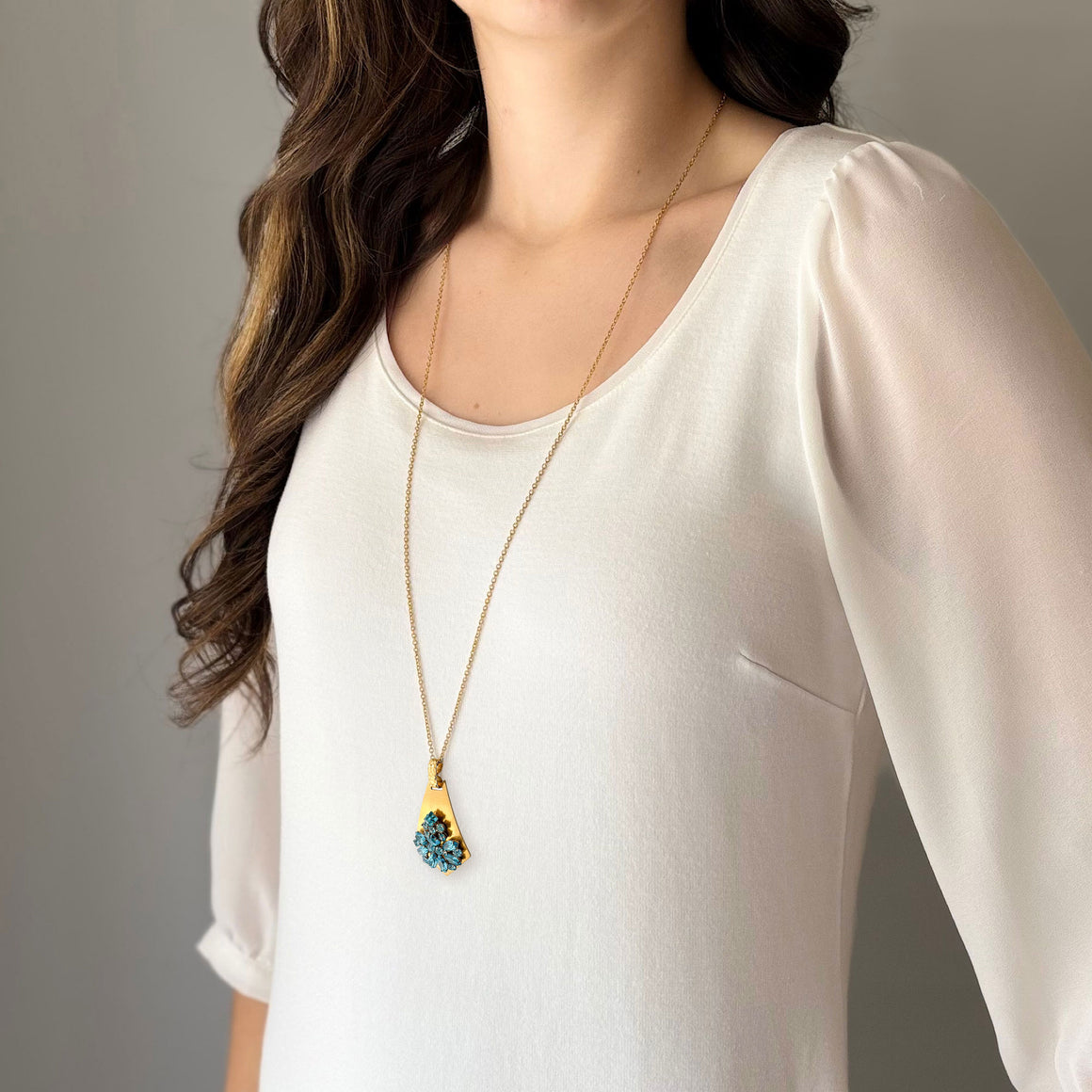 SHAYNA teal rhinestone and brass escutcheon pendant necklace-GREEN BIJOU
