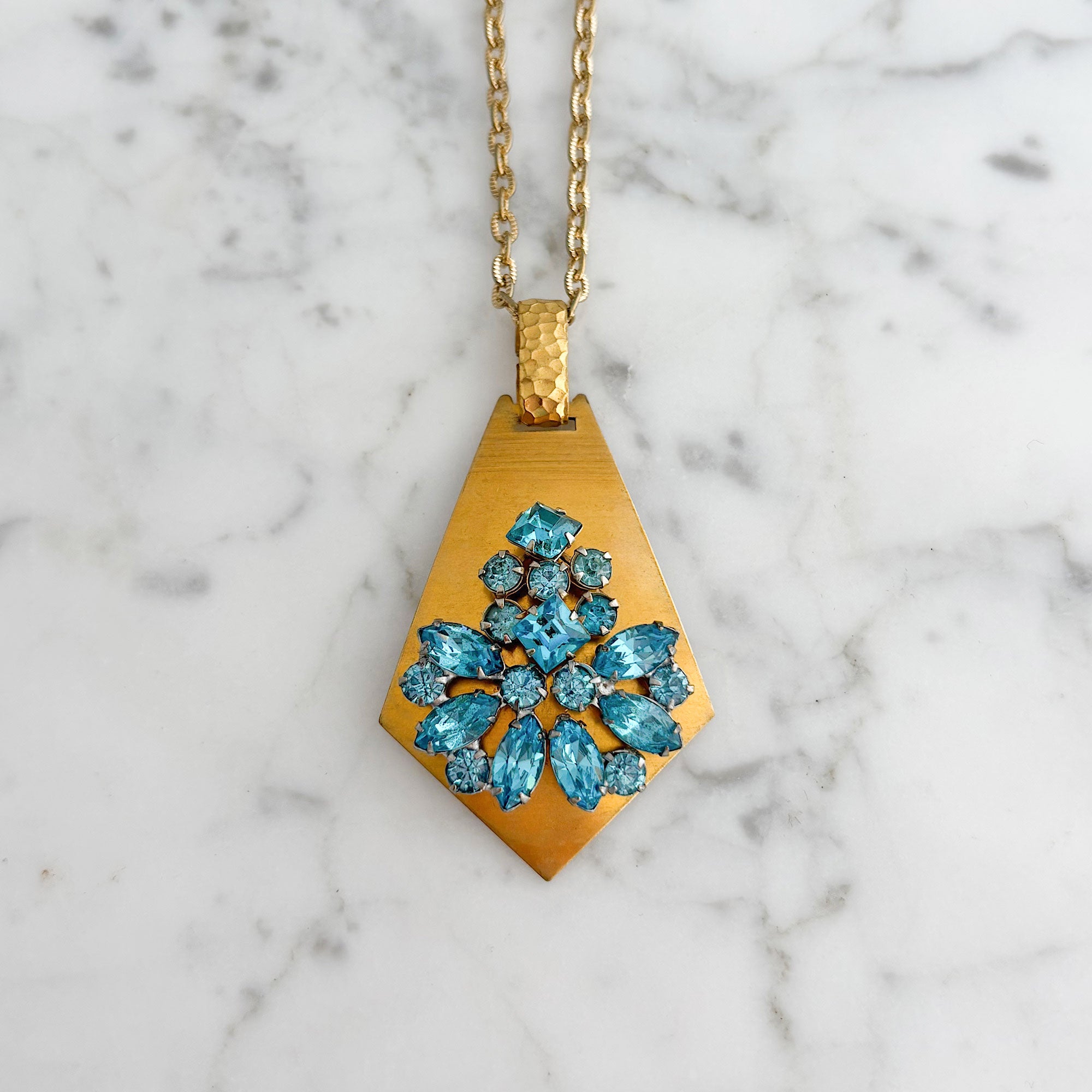 SHAYNA teal rhinestone and brass escutcheon pendant necklace-GREEN BIJOU