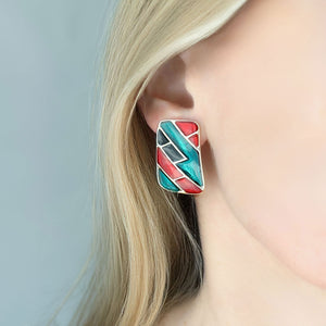 STANNUS 1980s black red green enamel rectangle clip earrings - 