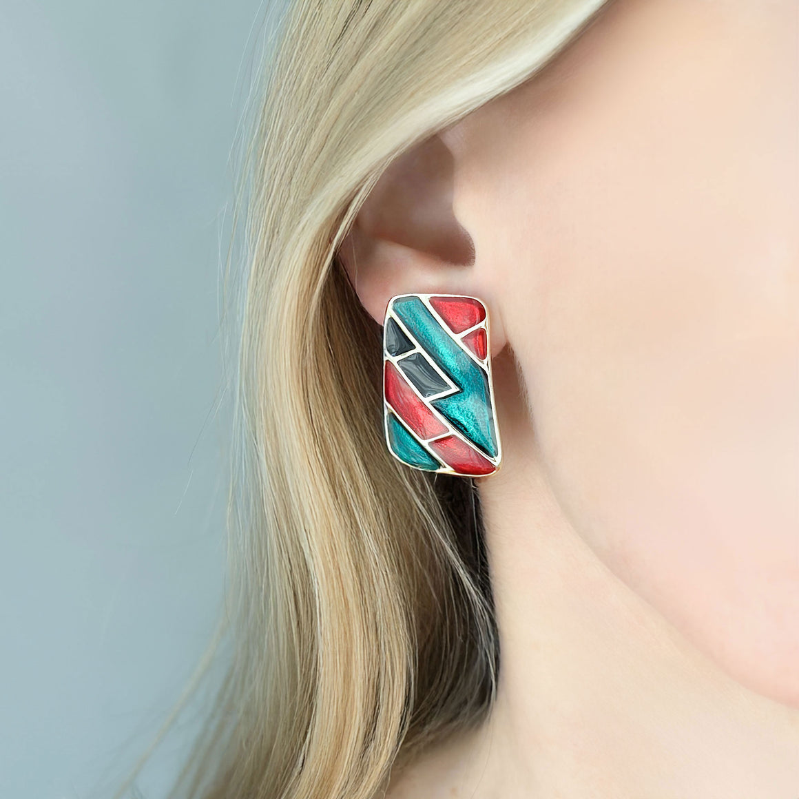 STANNUS 1980s black red green enamel rectangle clip earrings-GREEN BIJOU