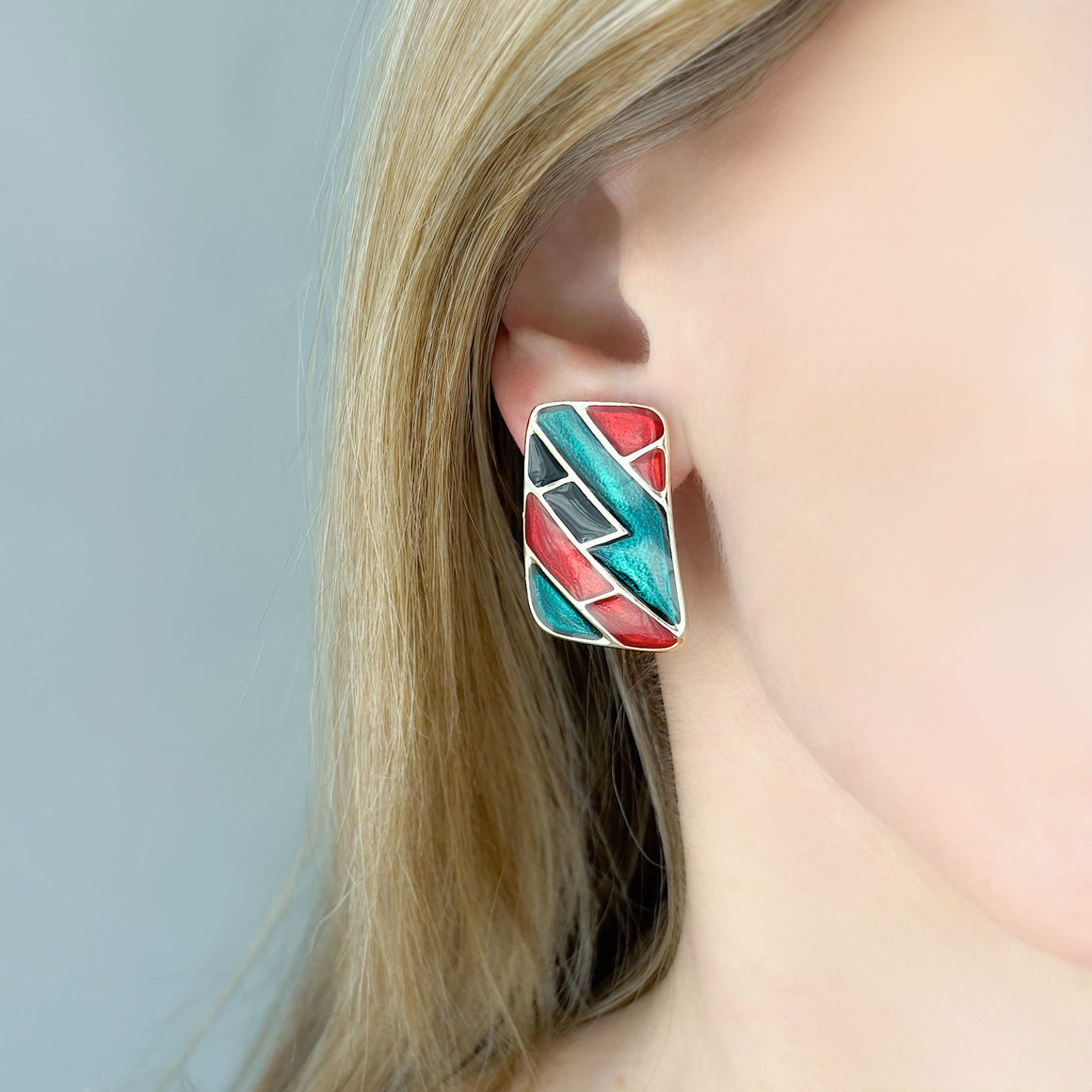 STANNUS 1980s black red green enamel rectangle clip earrings-GREEN BIJOU
