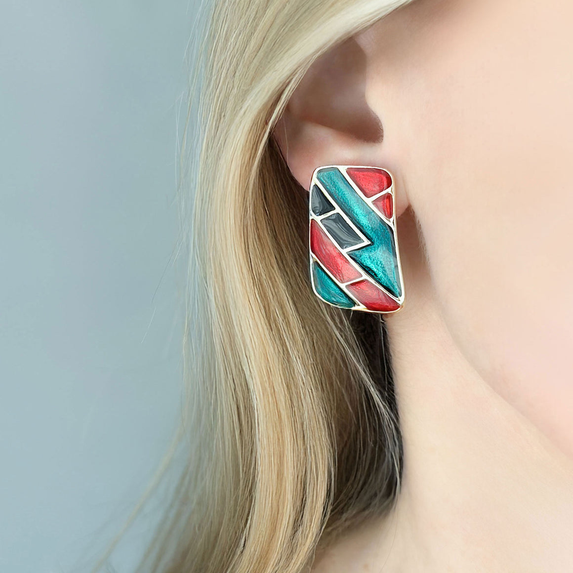 STANNUS 1980s black red green enamel rectangle clip earrings-GREEN BIJOU