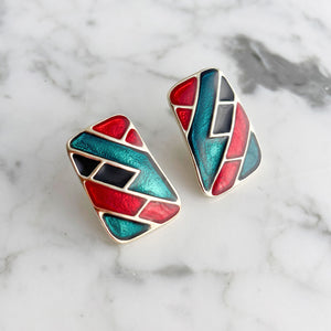 STANNUS 1980s black red green enamel rectangle clip earrings - 