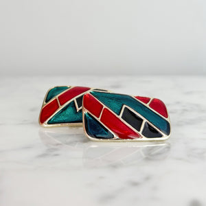 STANNUS 1980s black red green enamel rectangle clip earrings - 