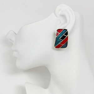 STANNUS 1980s black red green enamel rectangle clip earrings - 