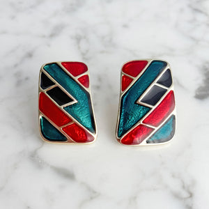 STANNUS 1980s black red green enamel rectangle clip earrings - 