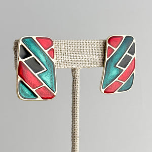 STANNUS 1980s black red green enamel rectangle clip earrings-GREEN BIJOU