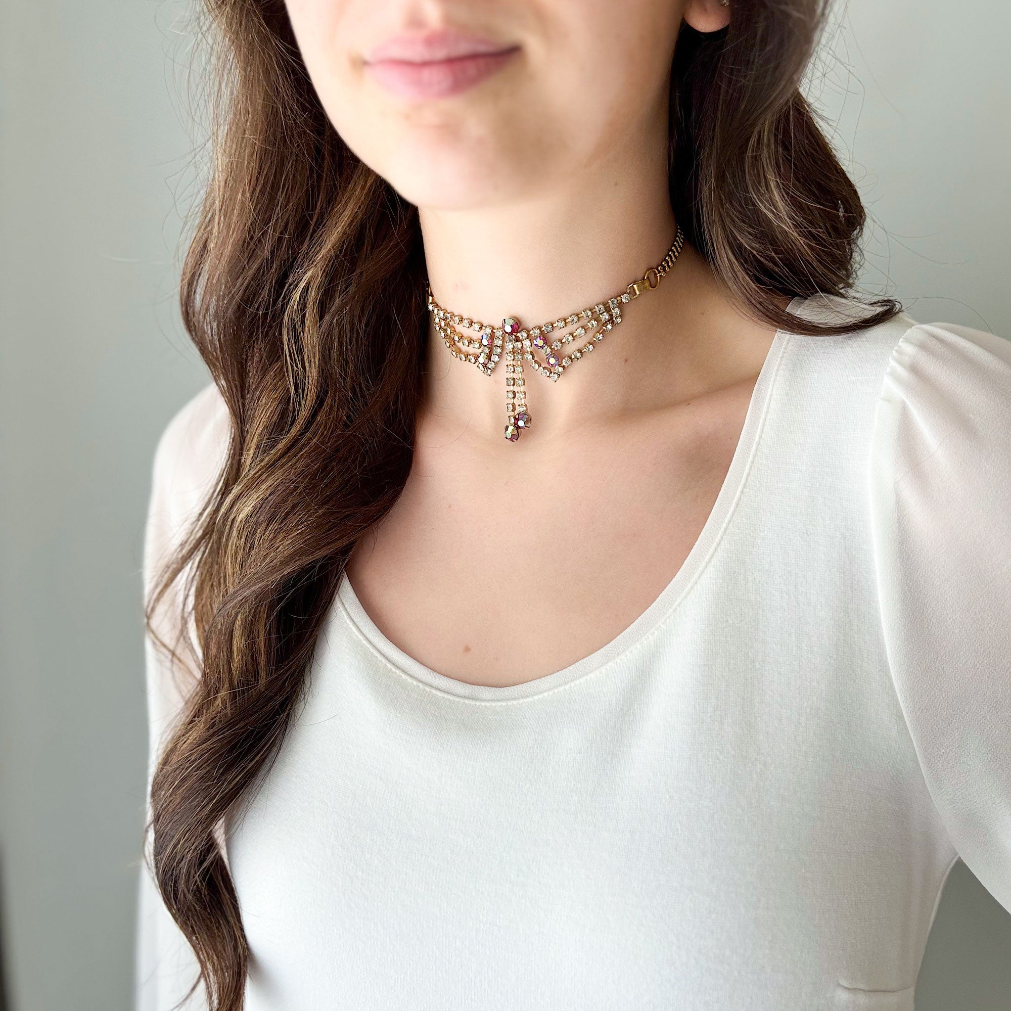 STEPHANIE vintage red aurora borealis rhinestone choker-GREEN BIJOU