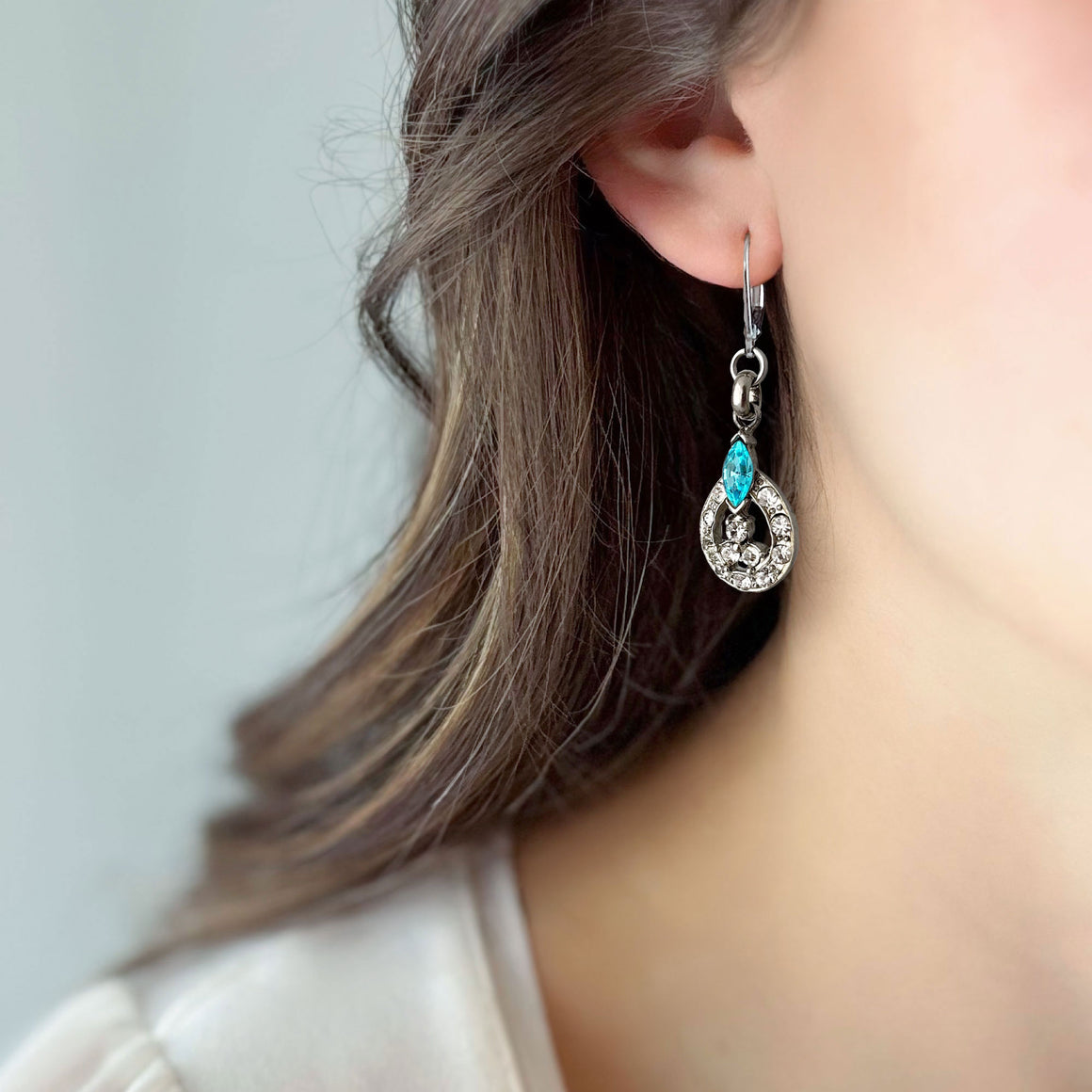 Silver Tone Teal Rhinestone Drop Earrings | Made from Vintage Clip-Ons | NIKKI-GREEN BIJOU
