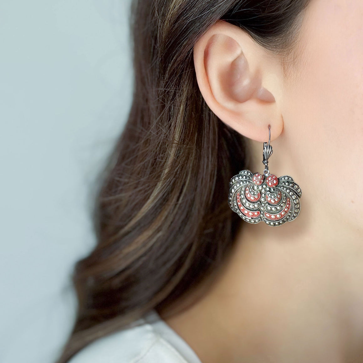 TASHA vintage oxidized marcasite and red enamel earrings-GREEN BIJOU