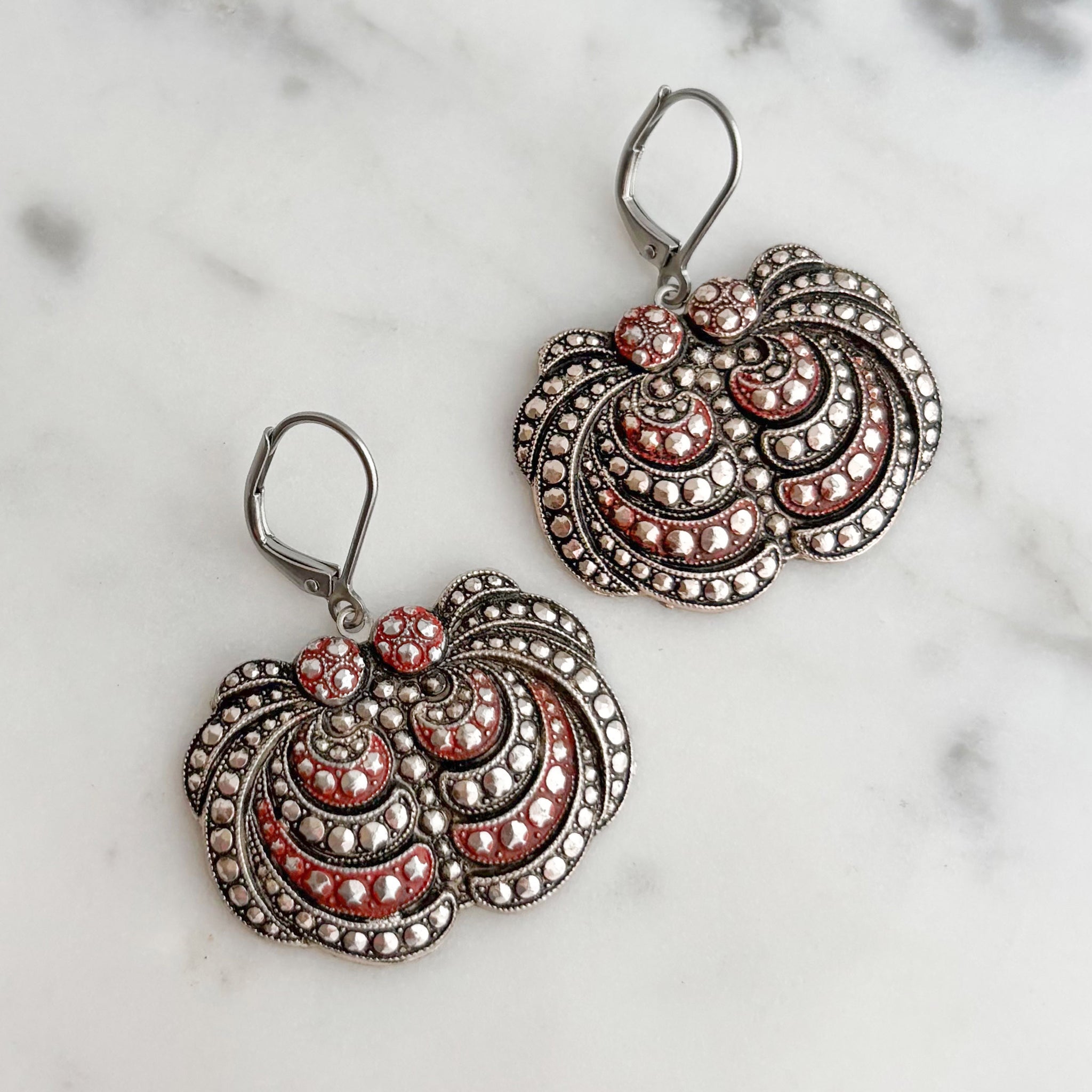 TASHA vintage oxidized marcasite and red enamel earrings-GREEN BIJOU