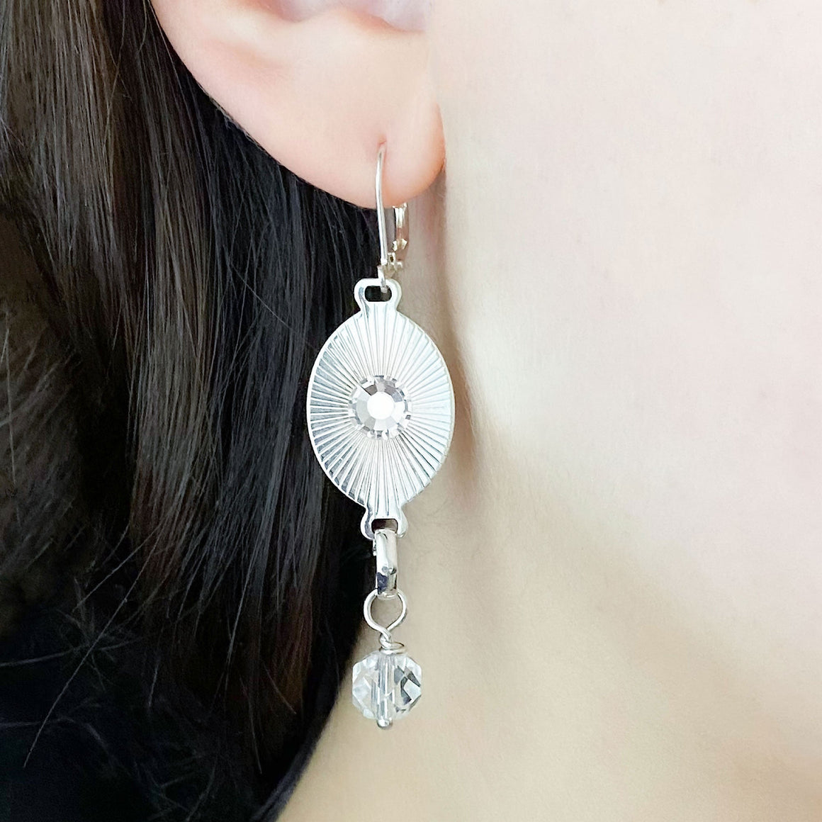 TAYA silver and crystal link earrings-GREEN BIJOU